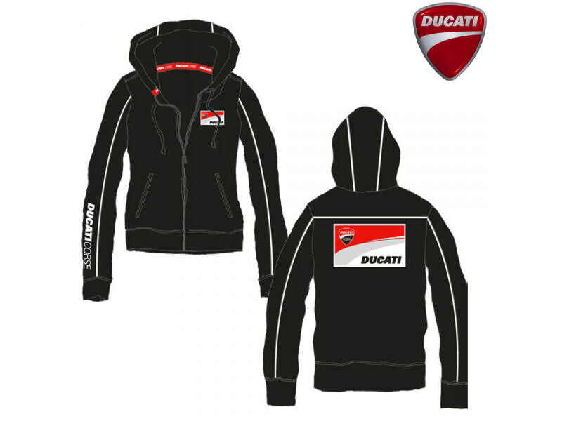 New Official Ducati Corse Womans Black Zip Up Hoodie - 13 26007